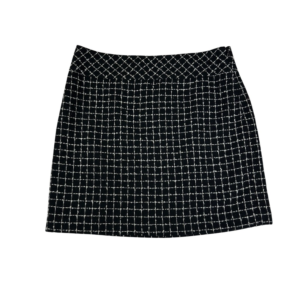 Loft Black White Tweed Grid Mini Skirt Size 10 Side Zip Lined Office Casual